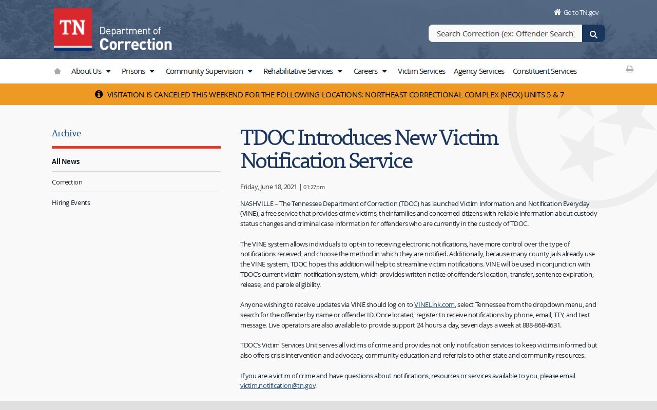 Jackson County release notification information from Tennessee Department of Correction VINE