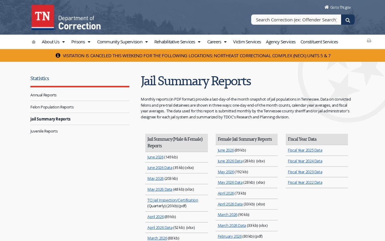TDOC aggregate statistics for Jackson County jail releases context